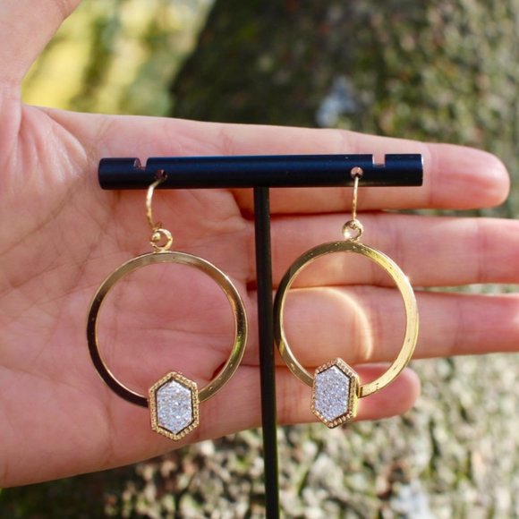 New Anthro Gold Druzy Sparkle Hoops Drop Earrings - Picture 4 of 12